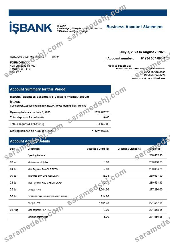 İşbank corporate checking account statement Word and PDF template